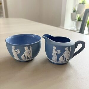 Vintage Wedgwood England Blue Jasperware Creamer and Sugar Bowl Set